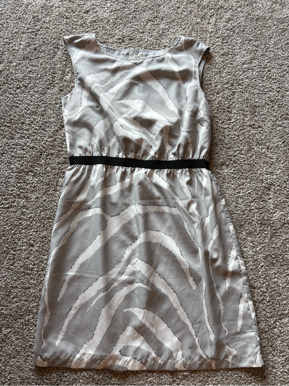 LOFT Silver and White Zebra Print Sleeveless Midi Dress with Black Waistband